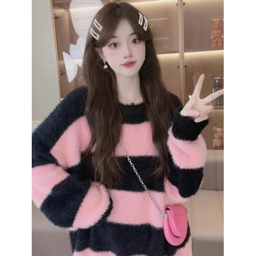 條紋設計感水貂絨毛衣女秋冬ins韓系小衆慵懶風毛茸茸針織衫上衣
