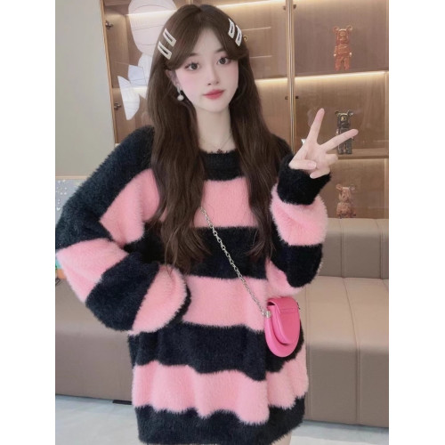 條紋設計感水貂絨毛衣女秋冬ins韓系小衆慵懶風毛茸茸針織衫上衣