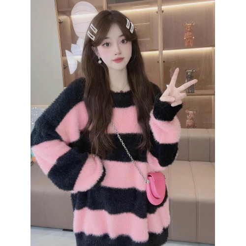 條紋設計感水貂絨毛衣女秋冬ins韓系小衆慵懶風毛茸茸針織衫上衣