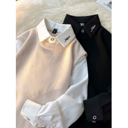 假兩件毛衣男冬季加絨加厚內搭打底衫上衣冬襯衫領刺綉針織衫外套