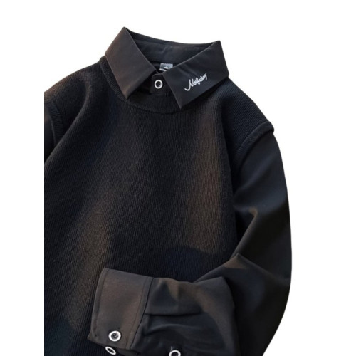 假兩件毛衣男冬季加絨加厚內搭打底衫上衣冬襯衫領刺綉針織衫外套