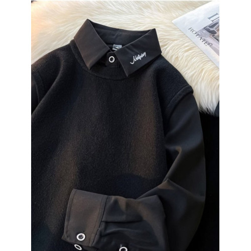 假兩件毛衣男冬季加絨加厚內搭打底衫上衣冬襯衫領刺綉針織衫外套