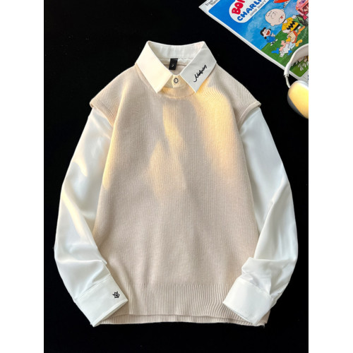 假兩件毛衣男冬季加絨加厚內搭打底衫上衣冬襯衫領刺綉針織衫外套