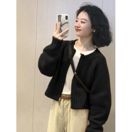 黑色短款針織毛衣開衫外套女2025新款春秋冬寬松高級感小個子上衣