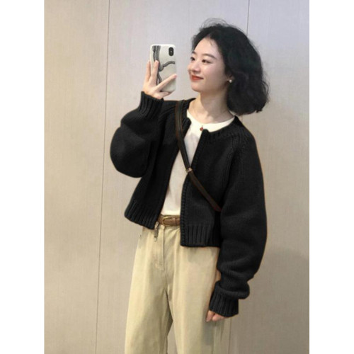 黑色短款針織毛衣開衫外套女2025新款春秋冬寬松高級感小個子上衣