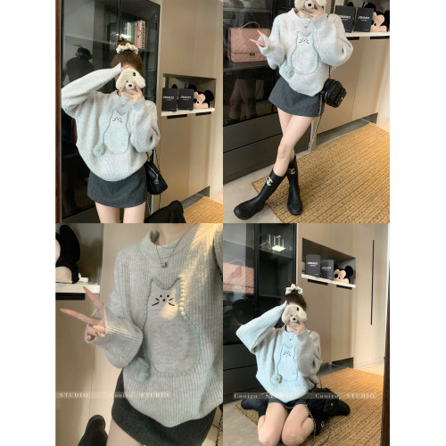 大碼圓領刺綉加厚毛衣女裝秋冬韓版慵懶風針織衫胖MM寬松休閒上衣