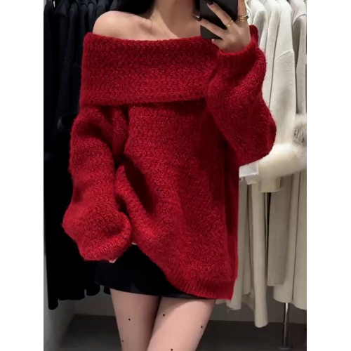 聖誕穿搭紅色一字肩毛衣加厚女2025秋冬新款韓系慵懶風設計感上衣