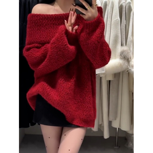 聖誕穿搭紅色一字肩毛衣加厚女2025秋冬新款韓系慵懶風設計感上衣