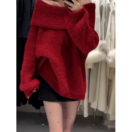 聖誕穿搭紅色一字肩毛衣加厚女2025秋冬新款韓系慵懶風設計感上衣