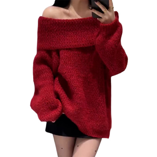 聖誕穿搭紅色一字肩毛衣加厚女2025秋冬新款韓系慵懶風設計感上衣