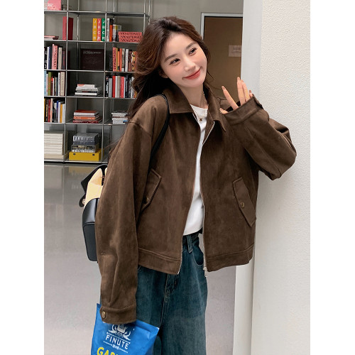 美拉德短款麂皮絨外套女春秋裝美式復古慵懶chic又酷又颯皮衣夾克 美拉德短款麂皮絨外套女春秋裝美式復古慵懶chic又酷又颯皮衣夾克