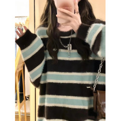 軟糯溫柔條紋慵懶風秋冬新款毛衣女寬松復古仿水貂絨甜辣針織衫厚