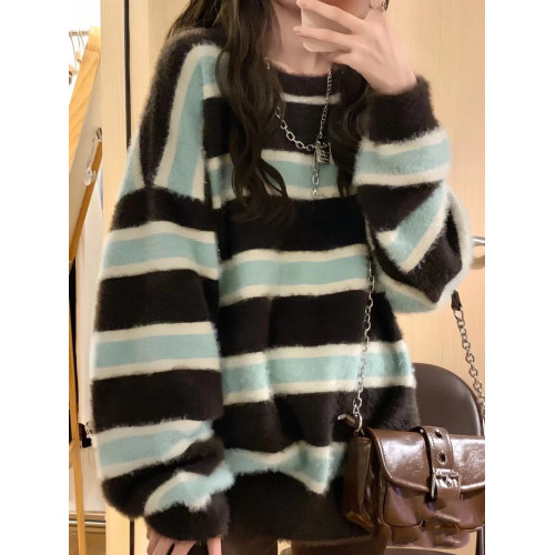 軟糯溫柔條紋慵懶風秋冬新款毛衣女寬松復古仿水貂絨甜辣針織衫厚