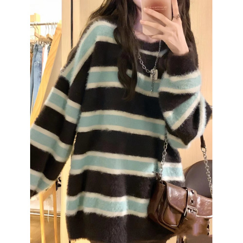 軟糯溫柔條紋慵懶風秋冬新款毛衣女寬松復古仿水貂絨甜辣針織衫厚