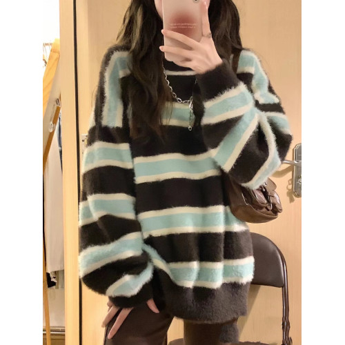 軟糯溫柔條紋慵懶風秋冬新款毛衣女寬松復古仿水貂絨甜辣針織衫厚