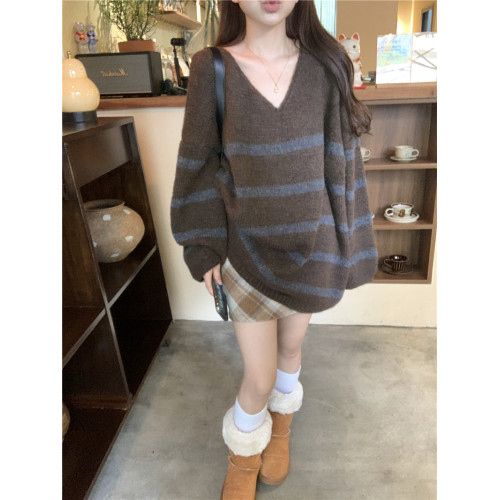 復古v領條紋毛衣女秋冬慵懶風寬松顯瘦外穿中長款套頭內搭針織衫 復古v領條紋毛衣女秋冬慵懶風寬松顯瘦外穿中長款套頭內搭針織衫