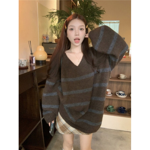 復古v領條紋毛衣女秋冬慵懶風寬松顯瘦外穿中長款套頭內搭針織衫 復古v領條紋毛衣女秋冬慵懶風寬松顯瘦外穿中長款套頭內搭針織衫