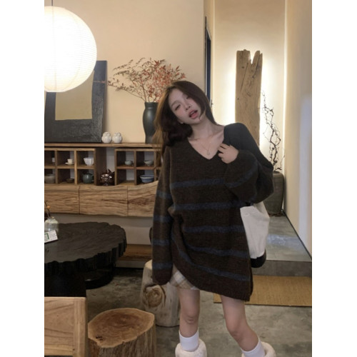 復古v領條紋毛衣女秋冬慵懶風寬松顯瘦外穿中長款套頭內搭針織衫 復古v領條紋毛衣女秋冬慵懶風寬松顯瘦外穿中長款套頭內搭針織衫