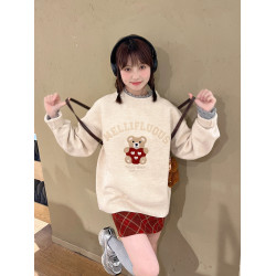 秋冬復古毛巾綉聖誕小熊套頭毛衣女寬松慵懶風圓領針織衫打底上衣