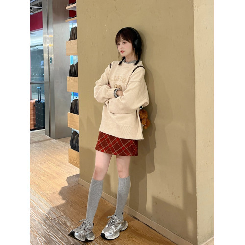 秋冬復古毛巾綉聖誕小熊套頭毛衣女寬松慵懶風圓領針織衫打底上衣