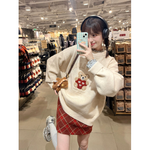 秋冬復古毛巾綉聖誕小熊套頭毛衣女寬松慵懶風圓領針織衫打底上衣