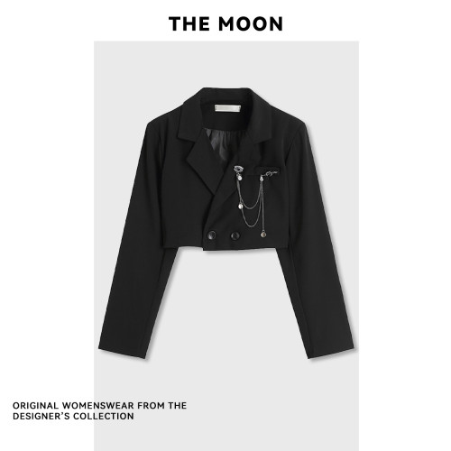 黑色V領西裝短款長袖外套女秋裝設計感小衆翻領高腰開衫顯瘦上衣 黑色V領西裝短款長袖外套女秋裝設計感小衆翻領高腰開衫顯瘦上衣