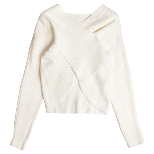 v領交叉短款毛衣女秋冬設計感小衆外穿套頭針織不規則上衣米色