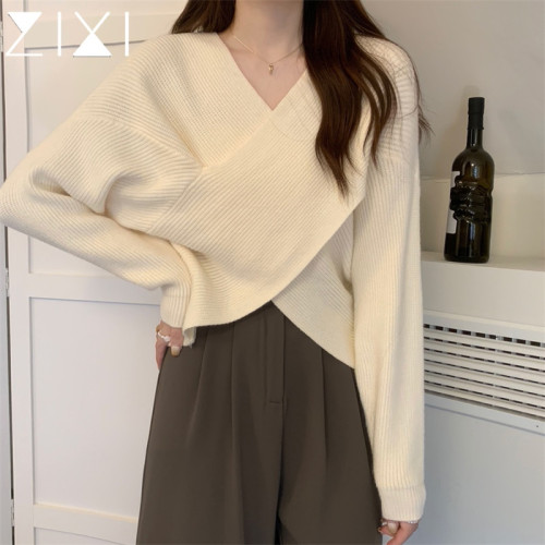 v領交叉短款毛衣女秋冬設計感小衆外穿套頭針織不規則上衣米色