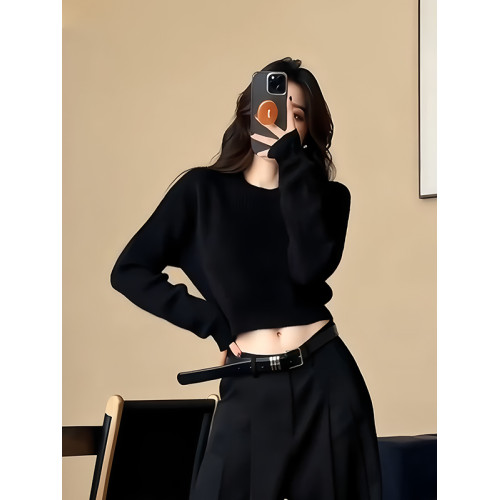 時尚簡約黑色圓領長袖針織衫毛衣女秋季新款氣質收腰內搭短款上衣