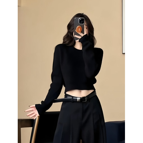 時尚簡約黑色圓領長袖針織衫毛衣女秋季新款氣質收腰內搭短款上衣