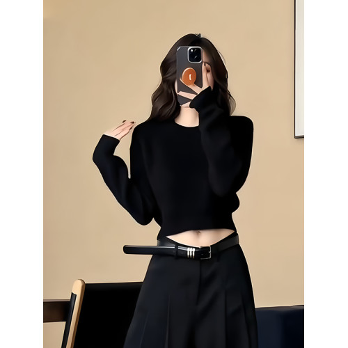 時尚簡約黑色圓領長袖針織衫毛衣女秋季新款氣質收腰內搭短款上衣