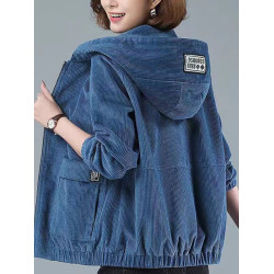 燈芯絨短款外套女春秋韓版寬松2023新款大碼連帽休閒中年媽媽夾克