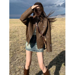 美式復古咖色機車pu皮夾克女秋冬季寬松高級感超好看皮衣開衫外套