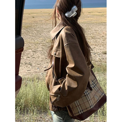 美式復古咖色機車pu皮夾克女秋冬季寬松高級感超好看皮衣開衫外套 美式復古咖色機車pu皮夾克女秋冬季寬松高級感超好看皮衣開衫外套