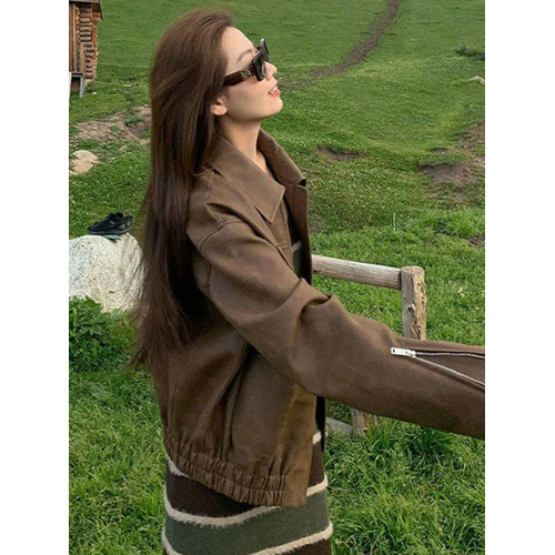 美式復古咖色機車pu皮夾克女秋冬季寬松高級感超好看皮衣開衫外套 美式復古咖色機車pu皮夾克女秋冬季寬松高級感超好看皮衣開衫外套