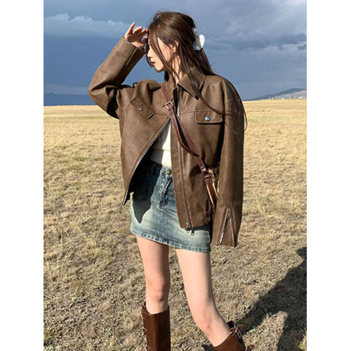 美式復古咖色機車pu皮夾克女秋冬季寬松高級感超好看皮衣開衫外套 美式復古咖色機車pu皮夾克女秋冬季寬松高級感超好看皮衣開衫外套