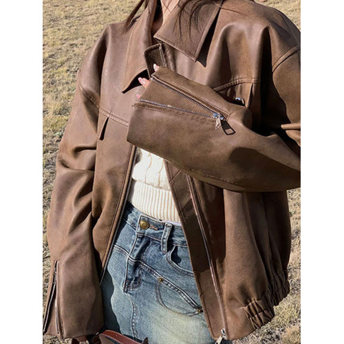 美式復古咖色機車pu皮夾克女秋冬季寬松高級感超好看皮衣開衫外套 美式復古咖色機車pu皮夾克女秋冬季寬松高級感超好看皮衣開衫外套
