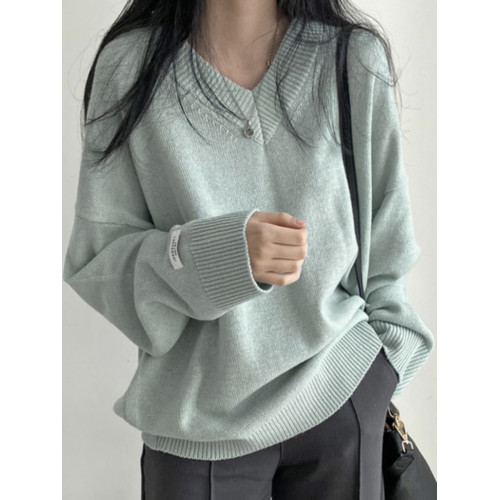 慵嬾風灰色v領毛衣女春秋冬寬鬆顯瘦外穿針織衫2025新款加厚上衣