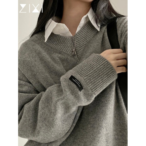 慵嬾風灰色v領毛衣女春秋冬寬鬆顯瘦外穿針織衫2025新款加厚上衣