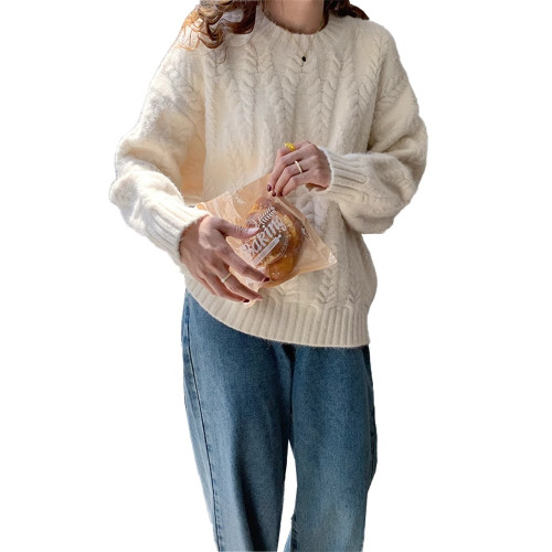 藍色麻花毛衣女秋冬小個子寬鬆慵嬾風內搭打底針織衫加厚圓領上衣