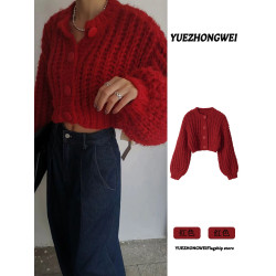 小個子紅色圓領短款毛衣開衫外套女秋冬季寬鬆外穿慵嬾風針織上衣