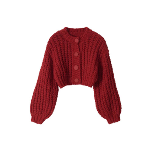 小個子紅色圓領短款毛衣開衫外套女秋冬季寬鬆外穿慵嬾風針織上衣