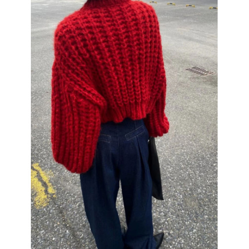 小個子紅色圓領短款毛衣開衫外套女秋冬季寬鬆外穿慵嬾風針織上衣