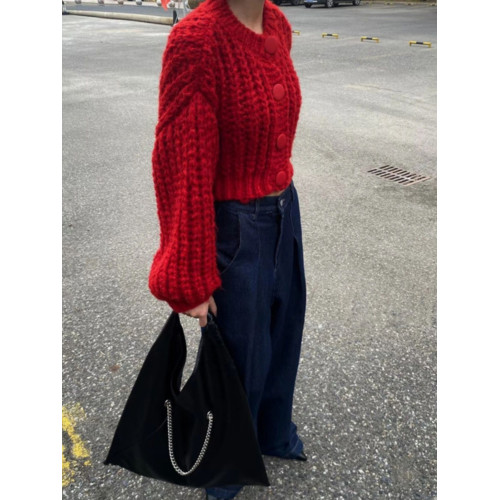 小個子紅色圓領短款毛衣開衫外套女秋冬季寬鬆外穿慵嬾風針織上衣