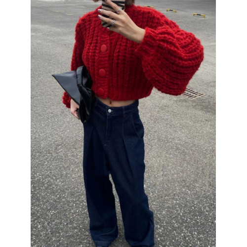 小個子紅色圓領短款毛衣開衫外套女秋冬季寬鬆外穿慵嬾風針織上衣