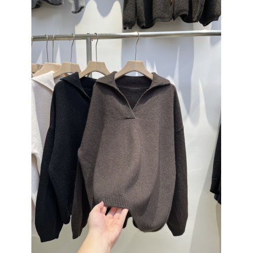 松弛感老錢風翻領深V套頭毛衣女秋冬2025新款寬松休閒針織上上衣