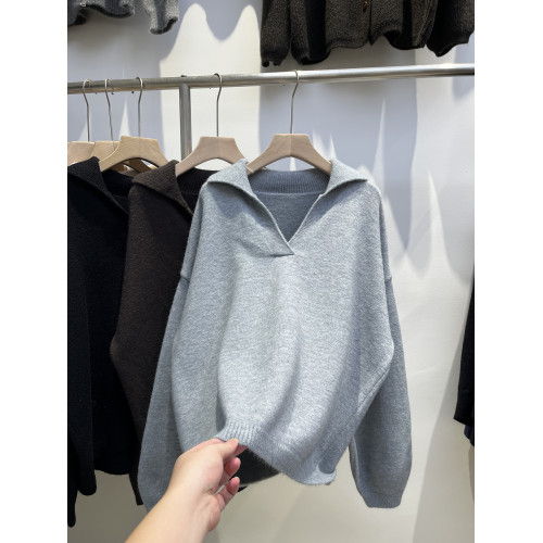 松弛感老錢風翻領深V套頭毛衣女秋冬2025新款寬松休閒針織上上衣