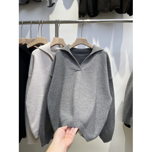 松弛感老錢風翻領深V套頭毛衣女秋冬2025新款寬松休閒針織上上衣