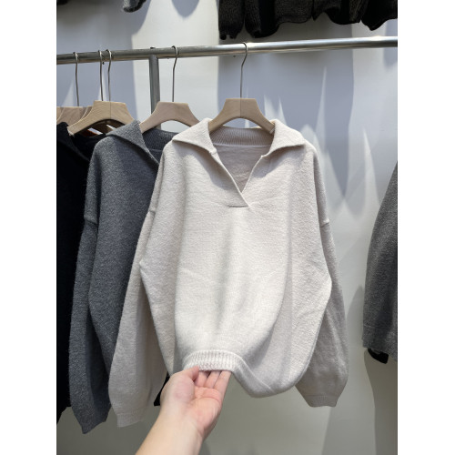 松弛感老錢風翻領深V套頭毛衣女秋冬2025新款寬松休閒針織上上衣