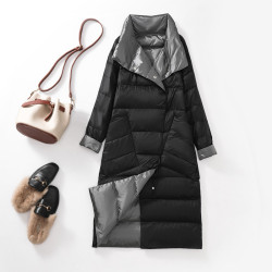 冬兩面穿輕薄羽絨服女中長款過膝白鴨絨反季大碼媽媽中老年雙面穿